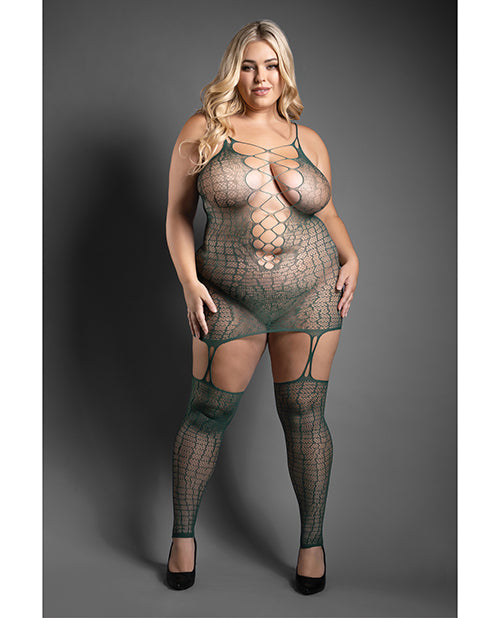 Sheer Wild Heart Reptile Print Bodystocking Dress w/Attached Stockings - Green