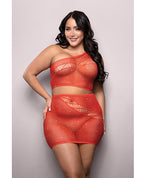 Vixen Set The Tone Rhinestone Knit One Shoulder Top w/Skirt 2 pc Set - Red