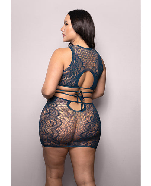 Vixen Floral Lace Knit Tie Back Top w/Skirt 2 pc Set - Navy