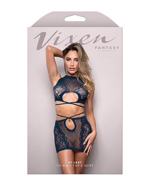Vixen At Last Floral Lace Knit Tie Back Top w/Skirt 2 pc Set - Navy