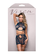Vixen At Last Floral Lace Knit Tie Back Top w/Skirt 2 pc Set - Navy
