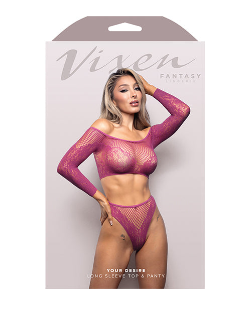 Vixen Your Desire Scalloped Long Sleeve 2 pc Set - Magenta