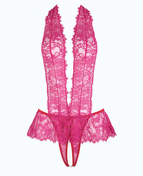 Jocelyn Lace Halter Teddy w/Open Crotch - Raspberry