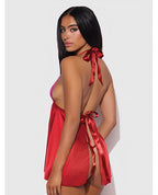Jocelyn Lace & Satin Halter Mini Babydoll Dress w/Thong - Raspberry