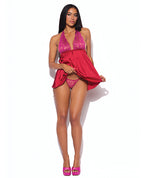 Jocelyn Lace & Satin Halter Mini Babydoll Dress w/Thong - Raspberry