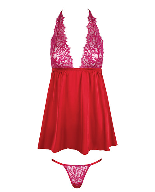 Jocelyn Lace & Satin Halter Mini Babydoll Dress w/Thong - Raspberry