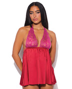 Jocelyn Lace & Satin Halter Mini Babydoll Dress w/Thong - Raspberry