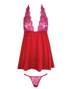 Jocelyn Lace & Satin Halter Mini Babydoll Dress w/Thong - Raspberry