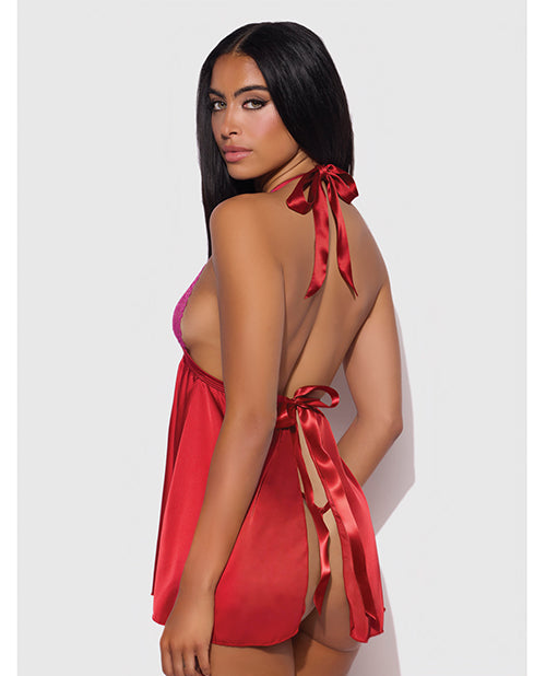 Jocelyn Lace & Satin Halter Mini Babydoll Dress w/Thong - Raspberry