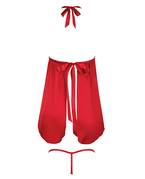 Jocelyn Lace & Satin Halter Mini Babydoll Dress w/Thong - Raspberry