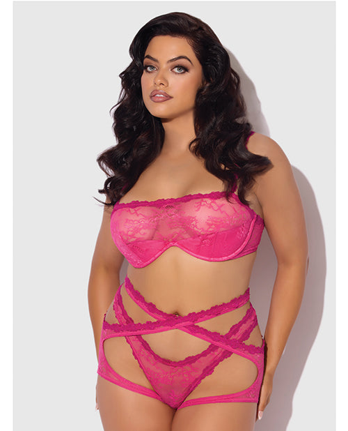 Yvone Lace Bra w/Removable Straps, Garter & Tanga Panty 3 pc Set - Pink