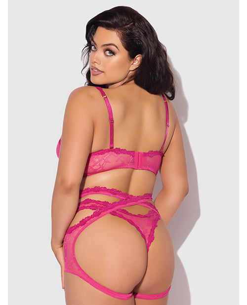 Yvone Lace Bra w/Removable Straps, Garter & Tanga Panty 3 pc Set - Pink