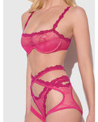 Yvone Lace Bra w/Removable Straps, Garter & Tanga Panty 3 pc Set - Pink