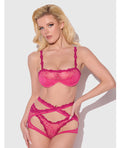 Yvone Lace Bra w/Removable Straps, Garter & Tanga Panty 3 pc Set - Pink