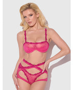 Yvone Lace Bra w/Removable Straps, Garter & Tanga Panty 3 pc Set - Pink