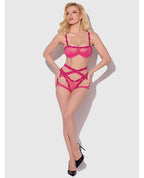 Yvone Lace Bra w/Removable Straps, Garter & Tanga Panty 3 pc Set - Pink