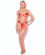 Cecily Lace Cut - Out Bra & Thong w/Garter Straps - Red
