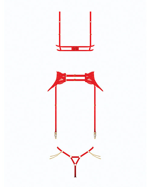 Cecily Lace Cut - Out Bra & Thong w/Garter Straps - Red