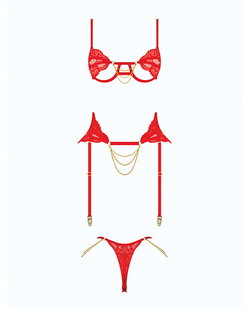 Cecily Lace Cut - Out Bra & Thong w/Garter Straps - Red