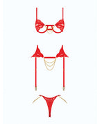 Cecily Lace Cut - Out Bra & Thong w/Garter Straps - Red