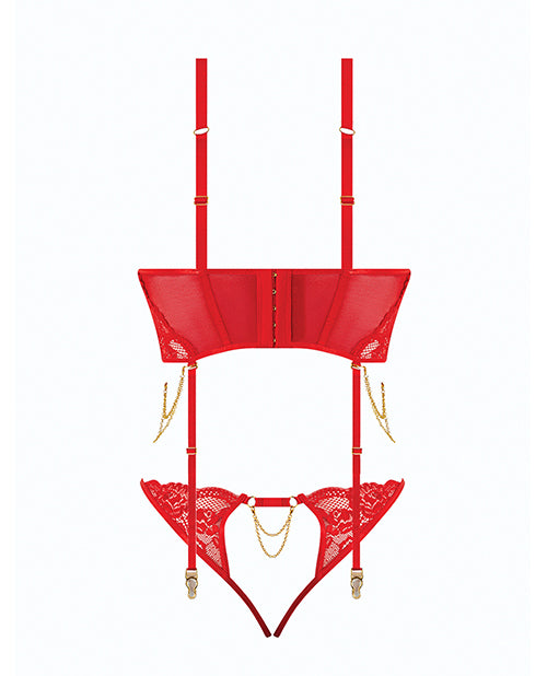 Cecily Lace & Mesh Bustier w/Thong & Garter Straps - Red