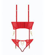 Cecily Lace & Mesh Bustier w/Thong & Garter Straps - Red