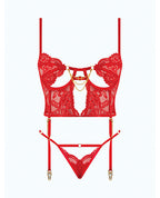 Cecily Lace & Mesh Bustier w/Thong & Garter Straps - Red