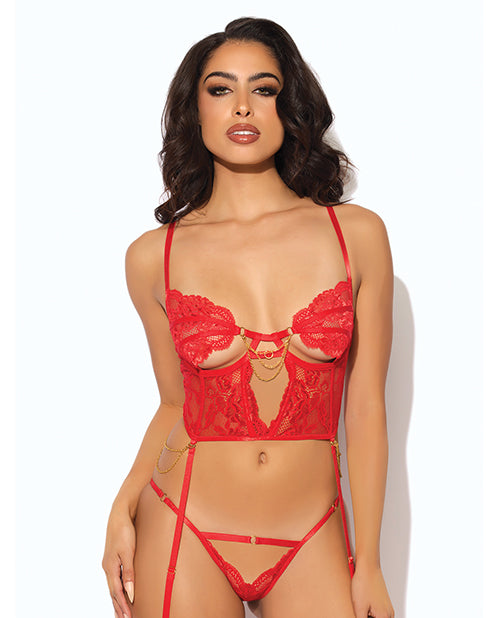 Cecily Lace & Mesh Bustier w/Thong & Garter Straps - Red