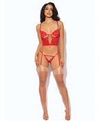 Cecily Lace & Mesh Bustier w/Thong & Garter Straps - Red