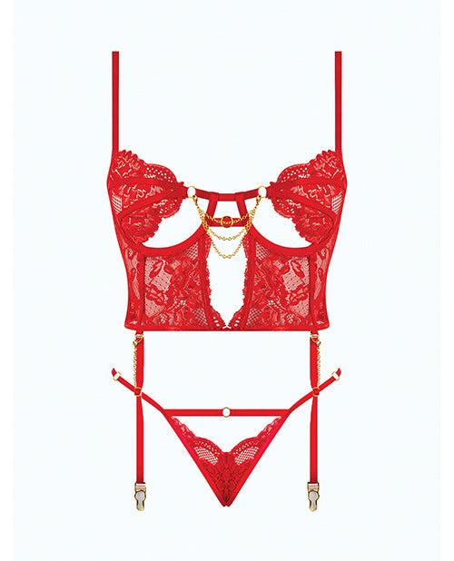 Cecily Lace & Mesh Bustier w/Thong & Garter Straps - Red