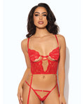 Cecily Lace & Mesh Bustier w/Thong & Garter Straps - Red