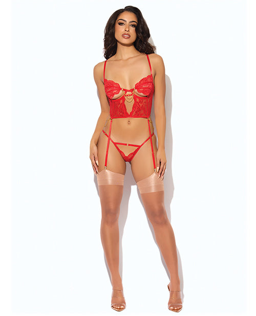 Cecily Lace & Mesh Bustier w/Thong & Garter Straps - Red