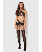 Felicia Mesh and Lace Bralette w/Garter & G - String 3 pc Set - Leopard