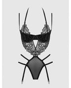 Eden Embroidered Lace & Mesh Teddy w/Garters - Black
