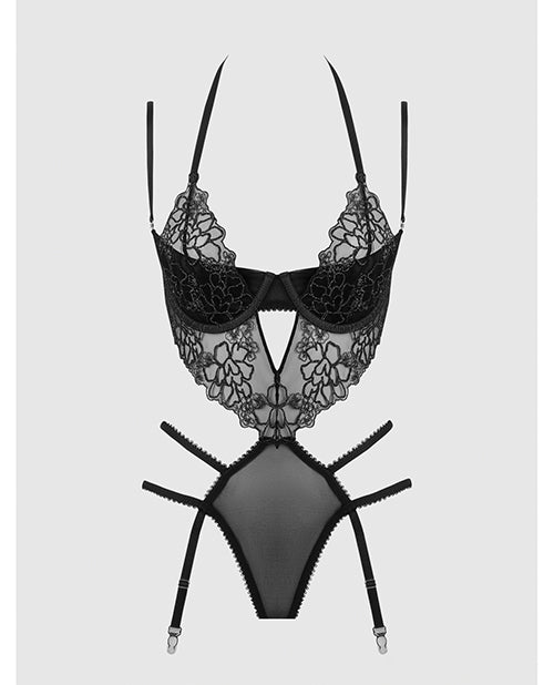 Eden Embroidered Lace & Mesh Teddy w/Garters - Black