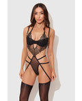 Eden Embroidered Lace & Mesh Teddy w/Garters - Black