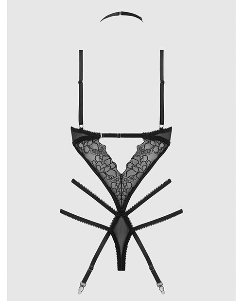 Eden Embroidered Lace & Mesh Teddy w/Garters - Black