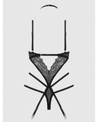 Eden Embroidered Lace & Mesh Teddy w/Garters - Black