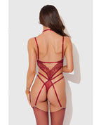 Eden Embroidered Lace & Mesh Teddy w/Garters - Dark Red