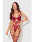 Eden Embroidered Lace & Mesh Teddy w/Garters - Dark Red