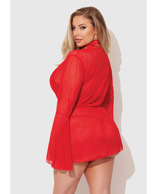 Dragon Sheer Mesh Robe w/Satin Triangle Top & G - String 3 pc Set - Red