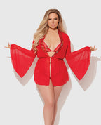 Dragon Sheer Mesh Robe w/Satin Triangle Top & G - String 3 pc Set - Red