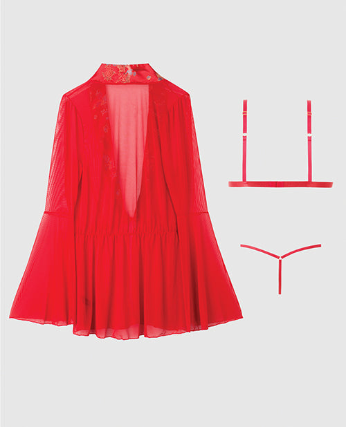 Dragon Sheer Mesh Robe w/Satin Triangle Top & G - String 3 pc Set - Red