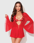 Dragon Sheer Mesh Robe w/Satin Triangle Top & G - String 3 pc Set - Red
