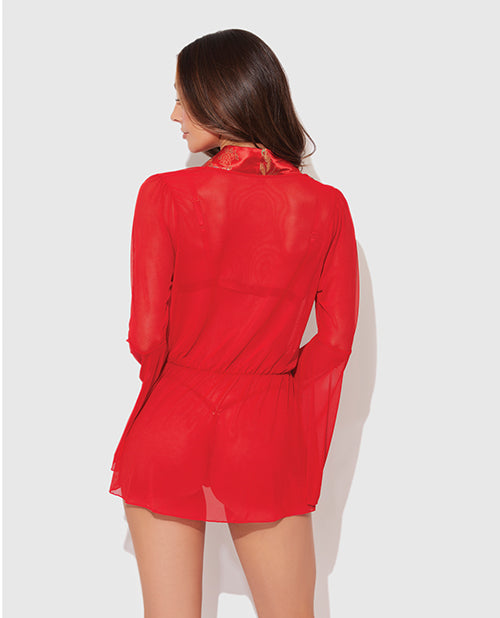 Dragon Sheer Mesh Robe w/Satin Triangle Top & G - String 3 pc Set - Red