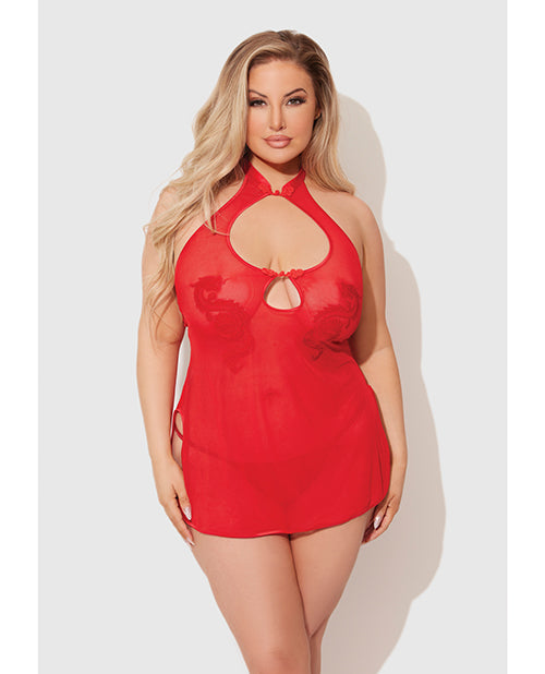Dragon Mesh & Applique Chemise w/G - String 2 pc Set - Red