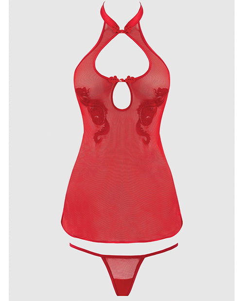 Dragon Mesh & Applique Chemise w/G - String 2 pc Set - Red