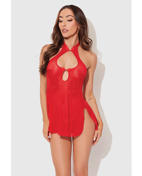 Dragon Mesh & Applique Chemise w/G - String 2 pc Set - Red