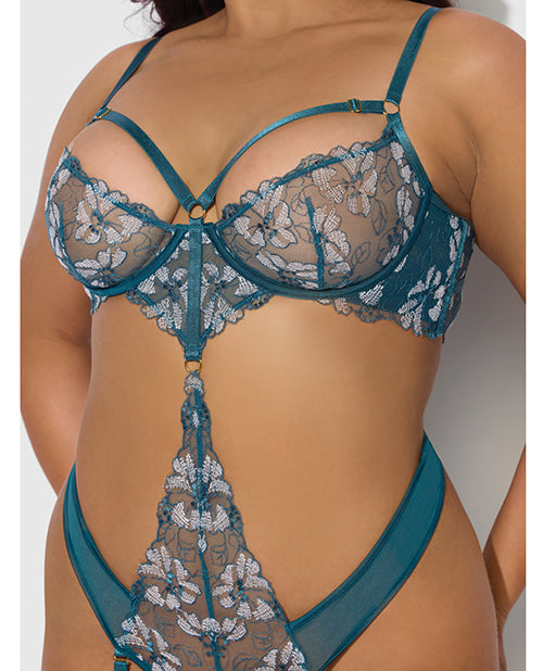 Nova Lace Teddy w/Garters - Jade Blue