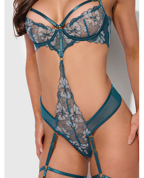 Nova Lace Teddy w/Garters - Jade Blue